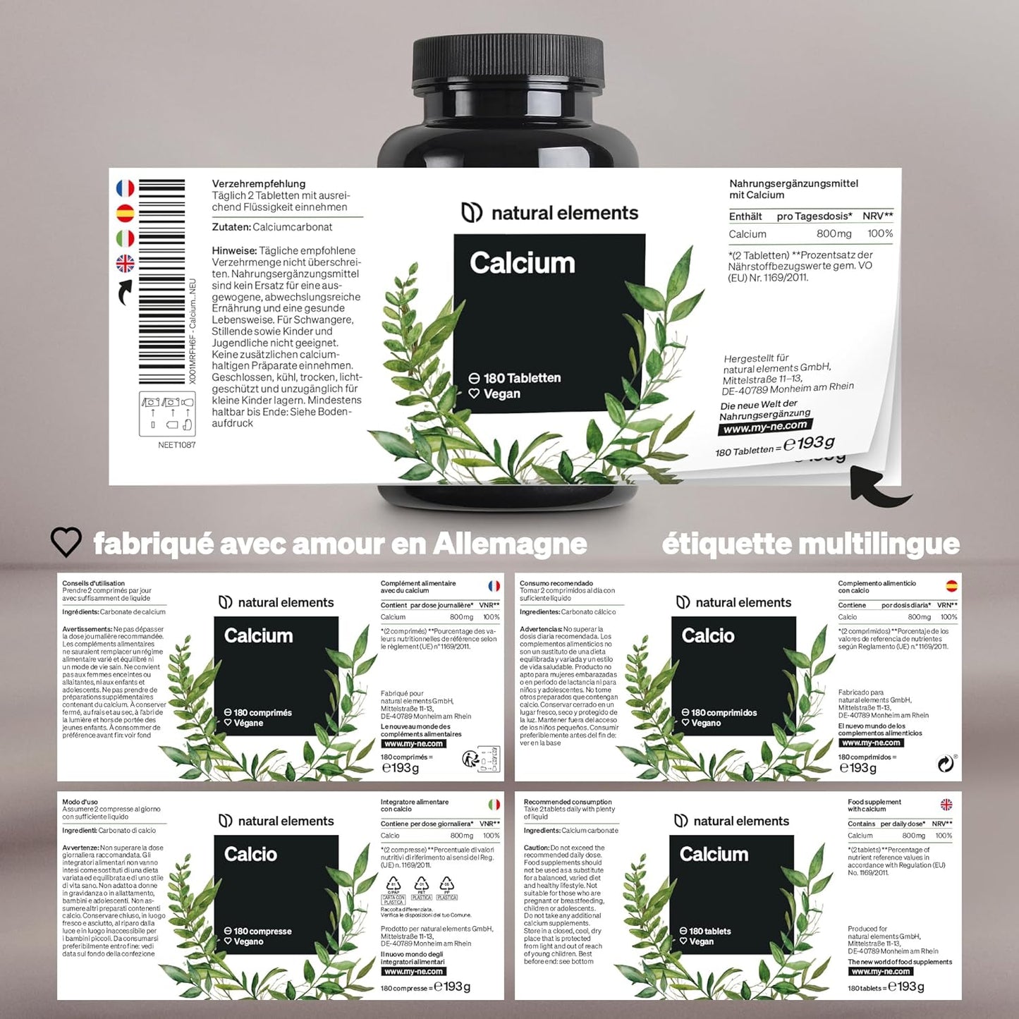 Calcium Comprimés Vegan Fortement Dosés – 180 Comprimés – 800Mg De Carbonate De Calcium Par Dose Quotidienne – Sans Additifs Indésirables – Produit En Allemagne & Testé En Laboratoire