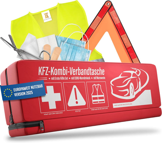 HELDENWERK Sac Combiné Pour Voiture (3 En 1) Selon La Norme Actuelle 2025 – Avec Triangle De Signalisation, Gilet De Signalisation, Boîte De Premiers Secours, Triangle De Signalisation, Boîte De