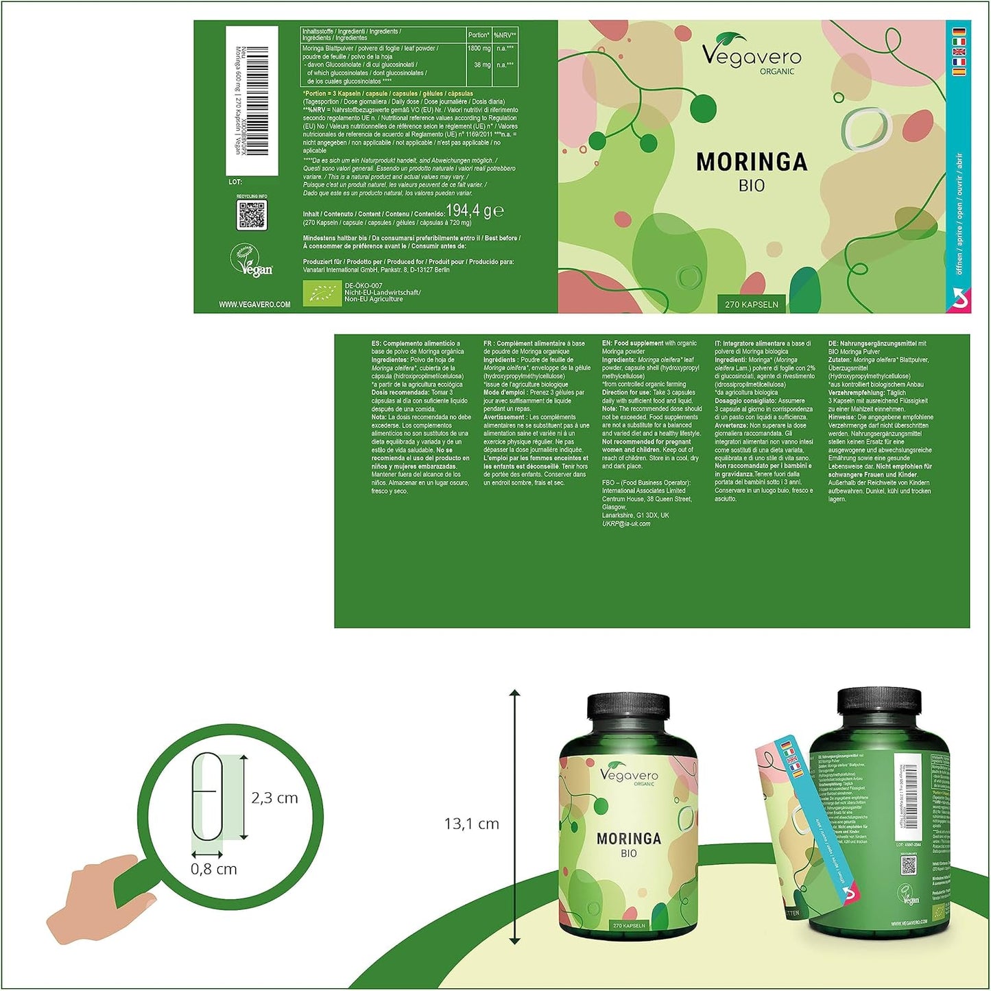 Moringa BIO 1800 Mg | 270 Gélules Vegan | SUPERFOOD : Multivitamines Et Minéraux Naturels | Antioxydant + Energie | SANS ADDITIFS | ®